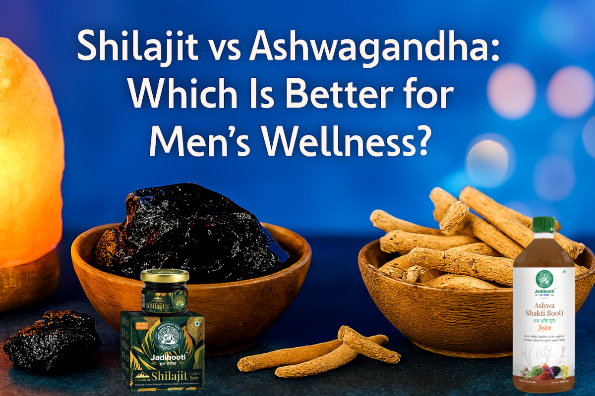 “Comparison of Shilajit resin and Ashwagandha roots for men’s wellness, displayed in wooden bowls with a glowing salt lamp and vibrant blue background.”